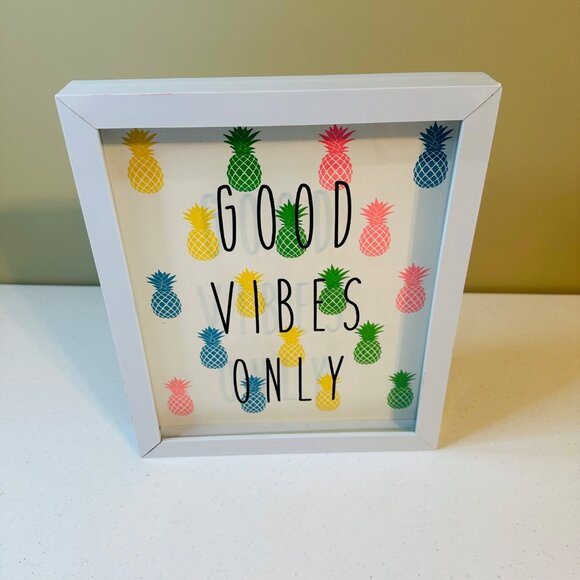 "Good Vibes Only" Multi-color Pineapple Shadow Box Wall Art 10x12 White Frame - Picture 7 of 10